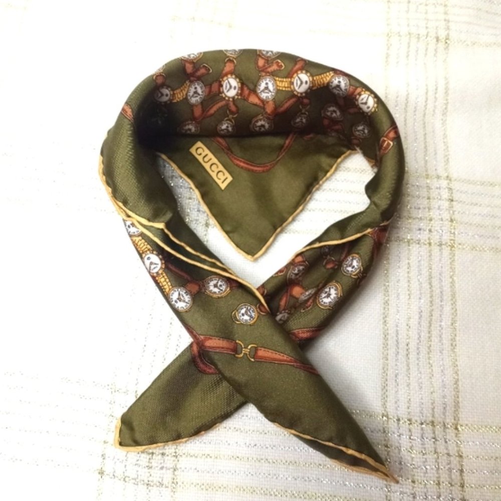 GUCCI Vintage OlivevGreen Silk Wrist Watch Clock Scarf Handkerchief - Picture 5 of 16